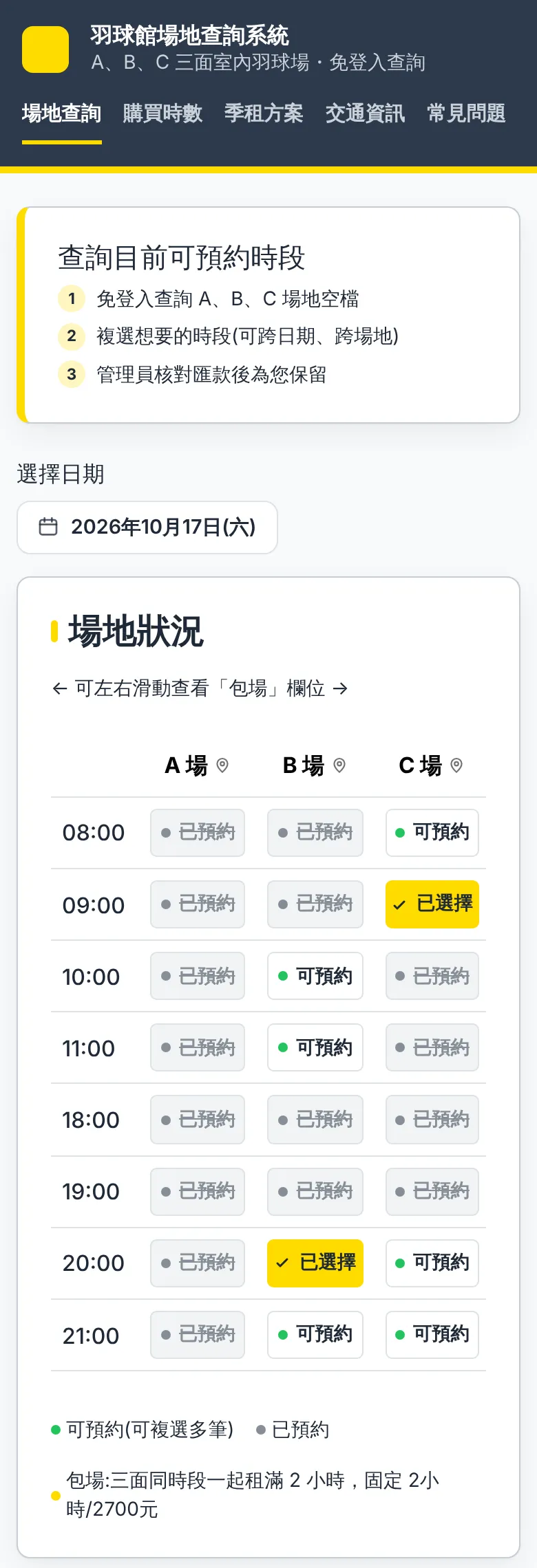 The public booking grid on a phone: courts A, B and C by hour, marked available or booked, with two slots selected.